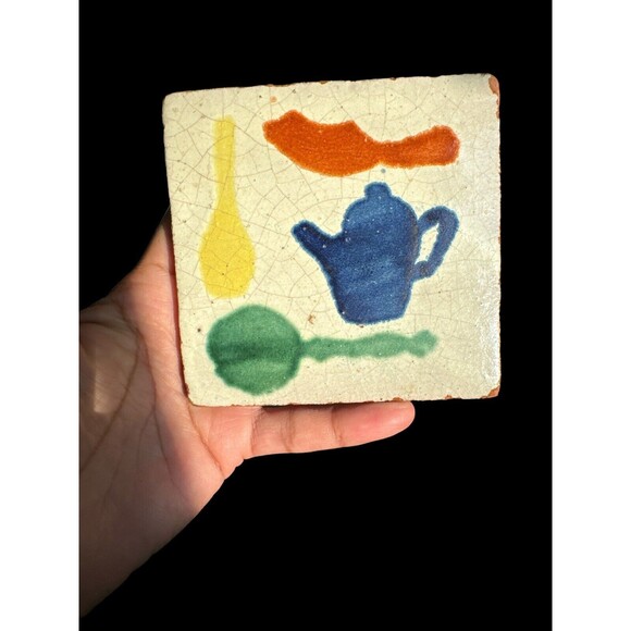 2 antique tile handpainted tiles Pumpkin Pitcher Kitchen Decor 4”x4” - Picture 7 of 15